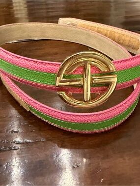 Terry Stack Pink and Green Leather Belt with Gold Buckle